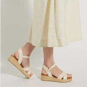 Wansseny White Cross Band Open Toe Platform Espadrille Wedge Ankle Strap Sandal